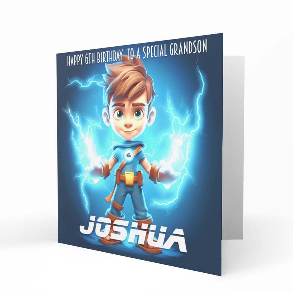 Personalised 6th Birthday Card - Boy Superhero with Lightning