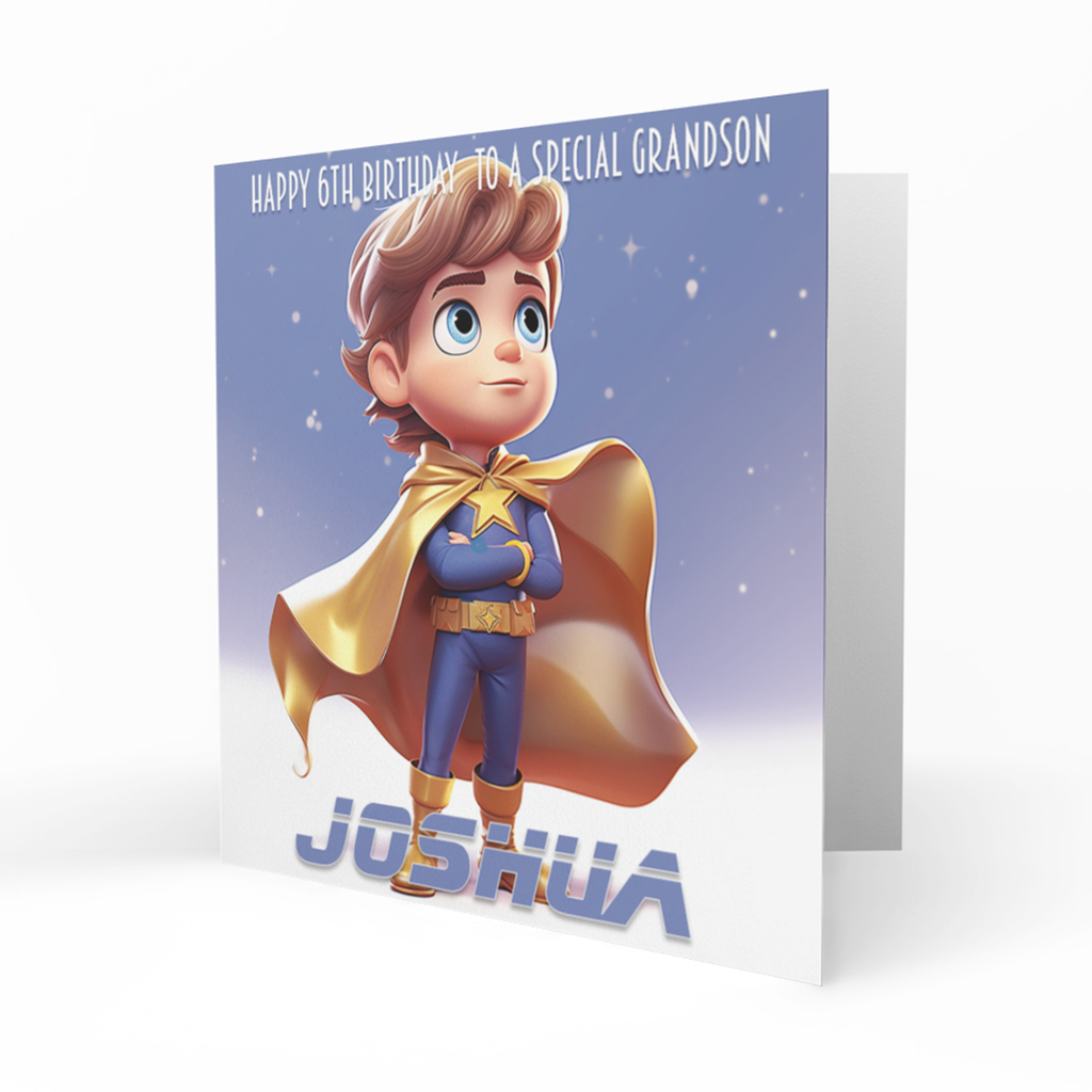 Personalised 6th Birthday Card - Boy Superhero with Gold Cape