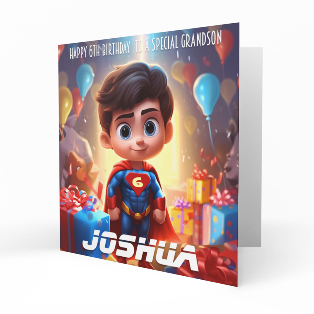 Personalised 6th Birthday Card - Boy Superhero with Presents