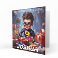 Personalised 6th Birthday Card - Boy Superhero with Glasses and Presents