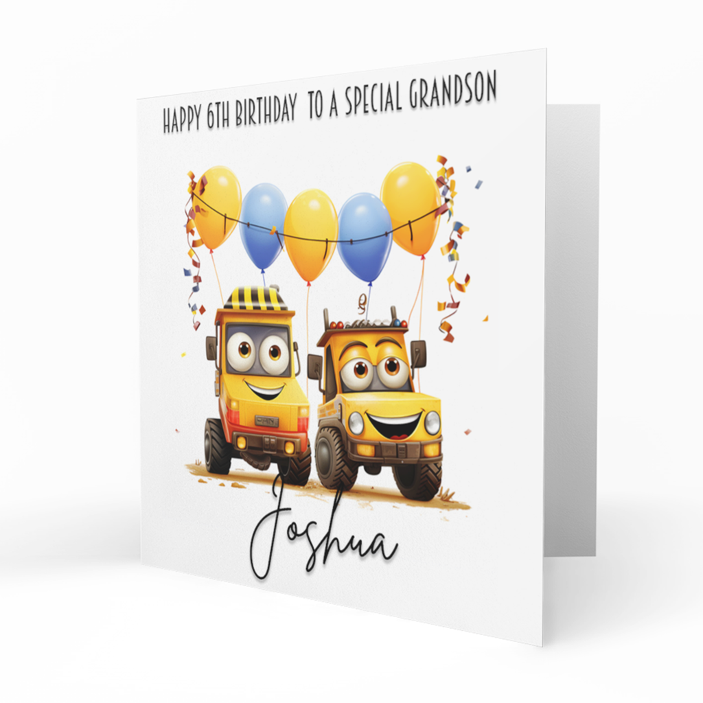 Personalised 6th Birthday Card - Smiling Yellow Construction Vehicles