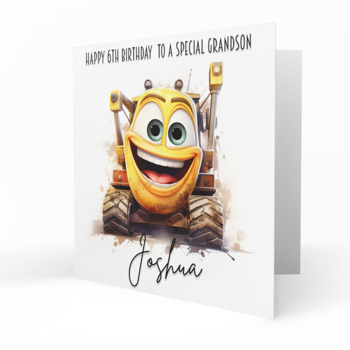 Personalised 6th Birthday Card - Smiling Yellow Construction Vehicle