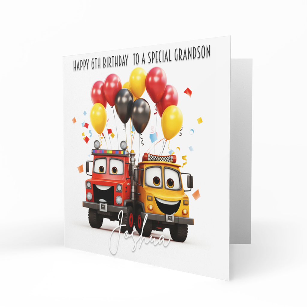 Personalised 6th Birthday Card - Smiling Trucks with Balloons