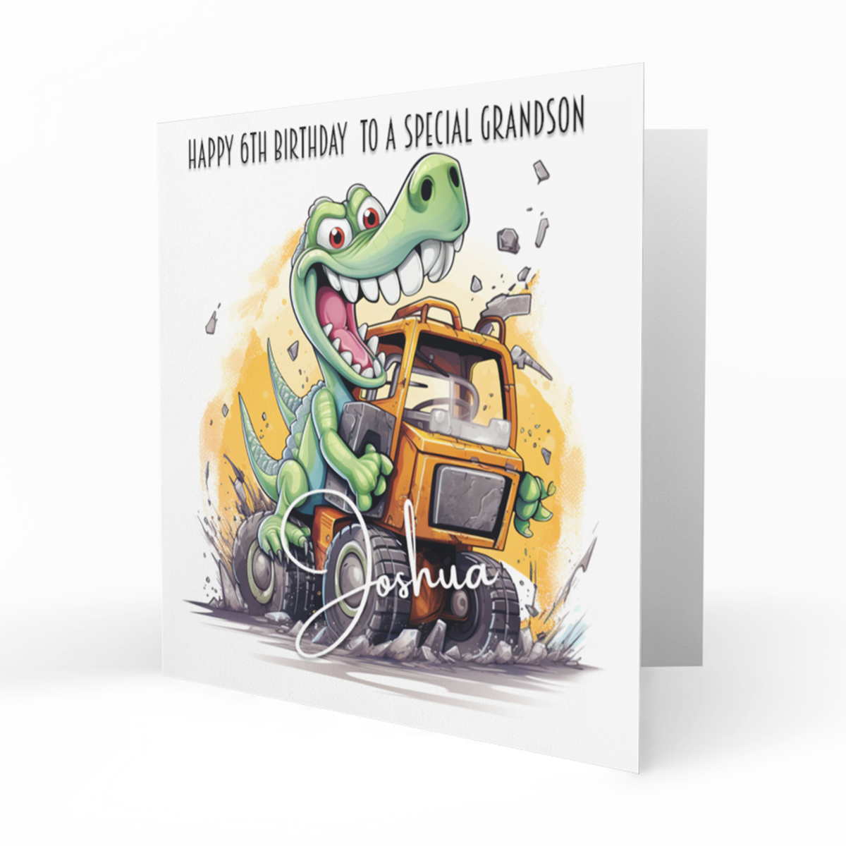 Personalised 6th Birthday Card - Dinosaur and Construction Vehicle