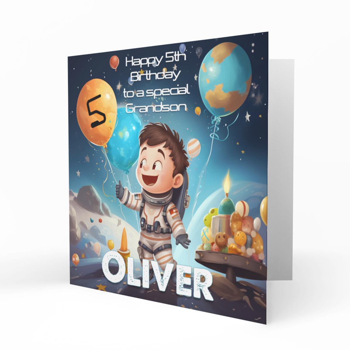 Personalised 5th Birthday Card - Boy Astronaut with Balloons