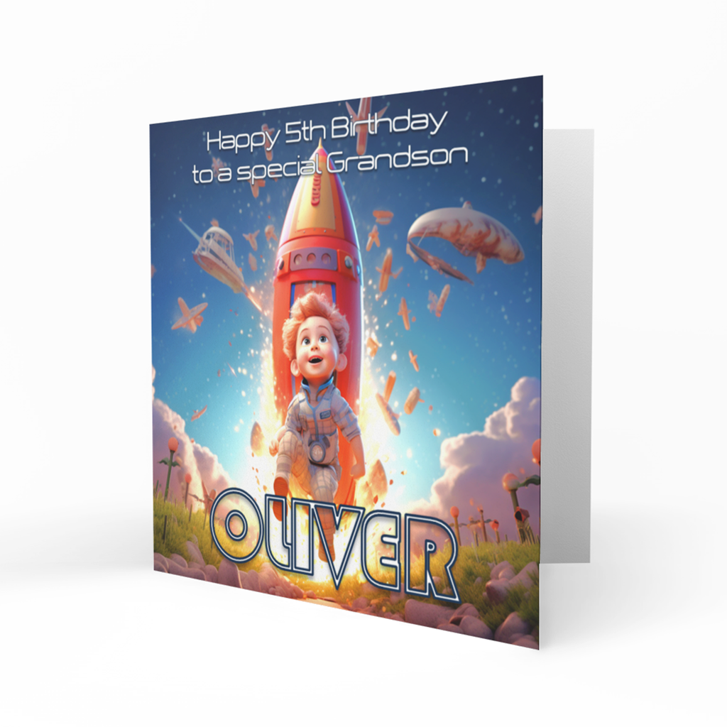 Personalised 5th Birthday Card - Boy Astronaut and Red Rocket