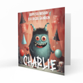 Personalised 5th Birthday Card - Cute Horned Monster with Balloons