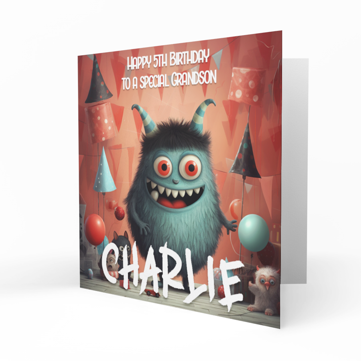 Personalised 5th Birthday Card - Cute Horned Monster with Balloons