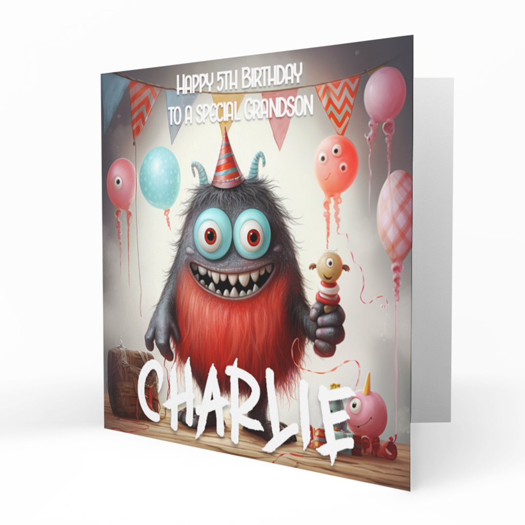 Personalised 5th Birthday Card - Cute Monster with Party Hat
