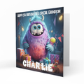 Personalised 5th Birthday Card - Purple Monster with Presents