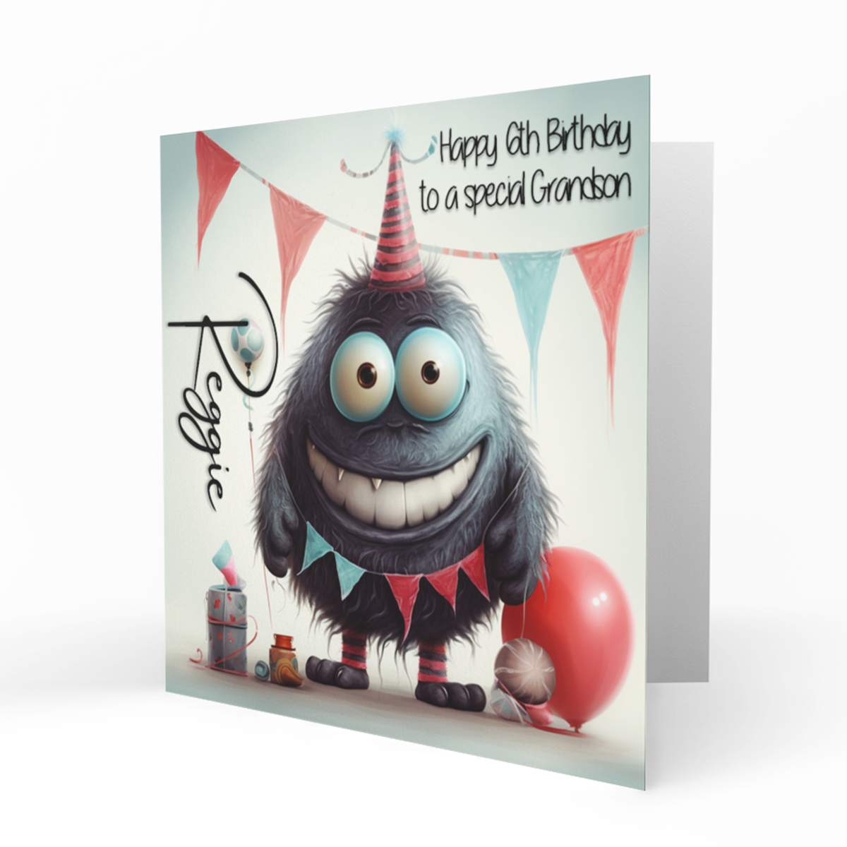 Personalised 6th Birthday Card - Cute Monster with Party Hat