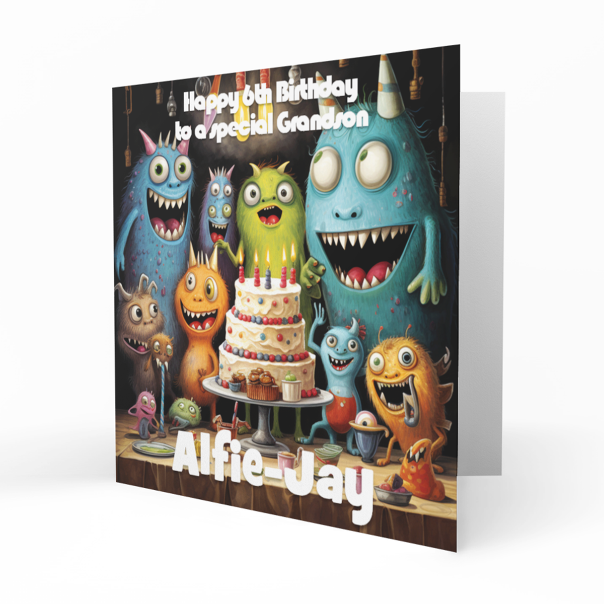 Personalised 6th Birthday Card - Monster Group with Birthday Cake