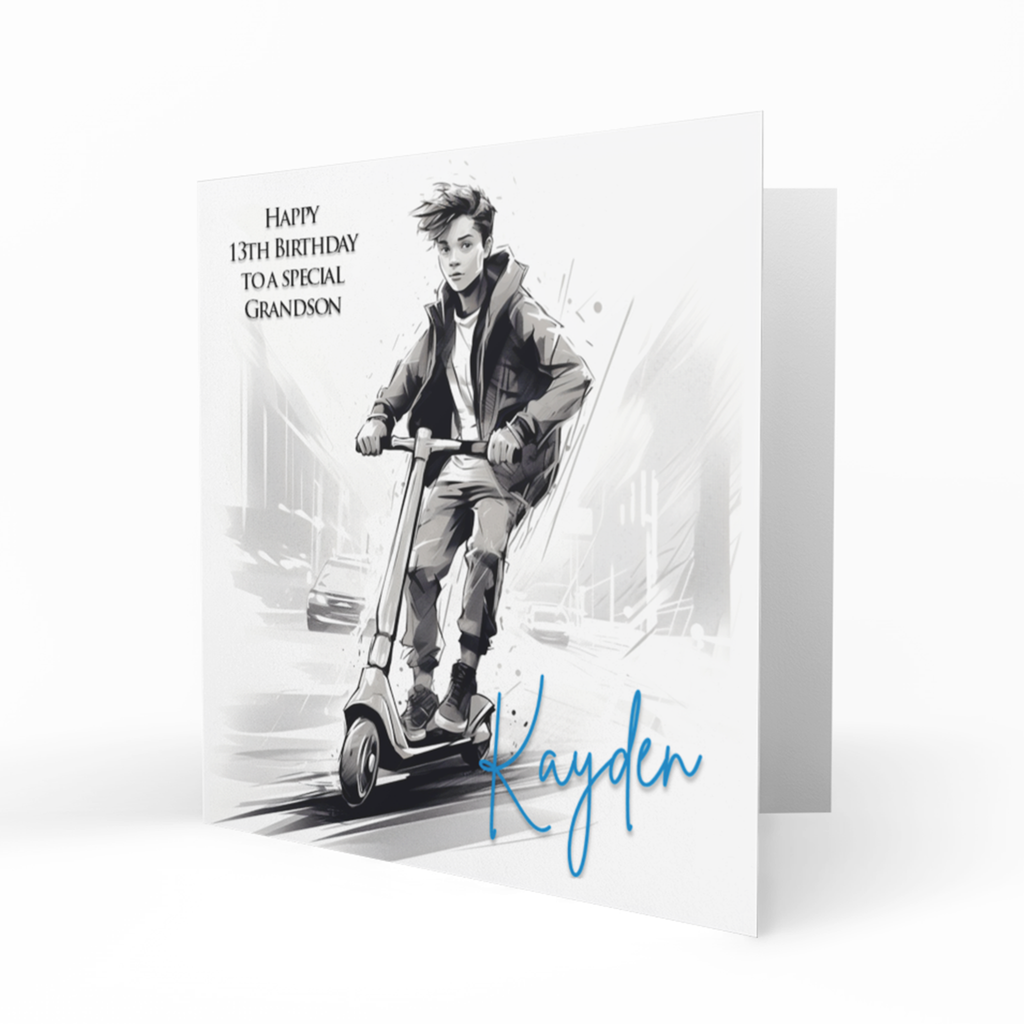 Personalised 13th Birthday Card - Boy Riding a Scooter