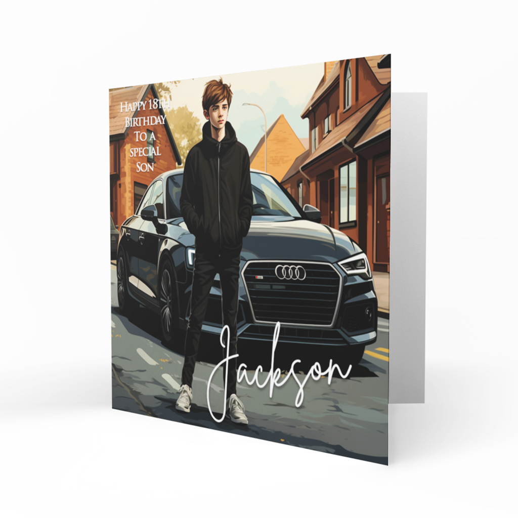 Personalised 18th Birthday Card - Young Man with a Black Car