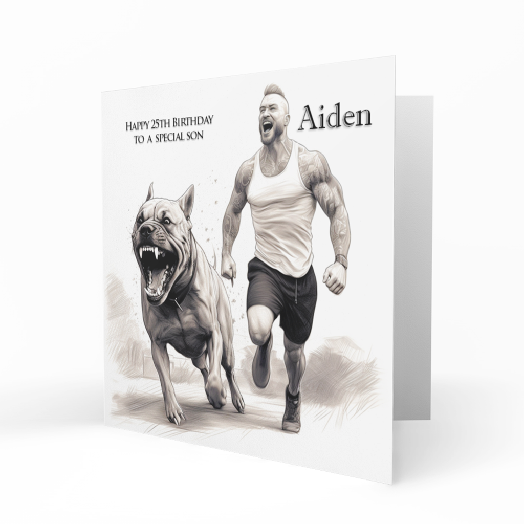Personalised 25th Birthday Card - Muscular Man Running with a Dog