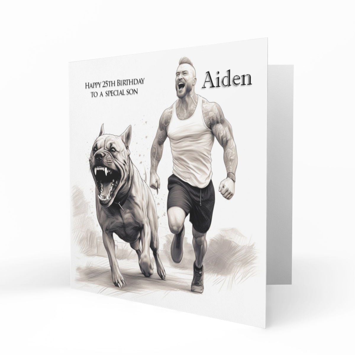 Personalised 25th Birthday Card - Muscular Man Running with a Dog