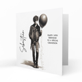 Personalised 14th Birthday Card - Boy with Black Hair and Balloon