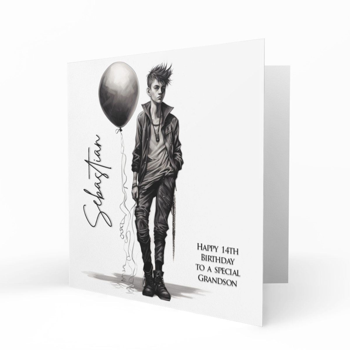 Personalised 14th Birthday Card - Boy with Black Hair and Balloon