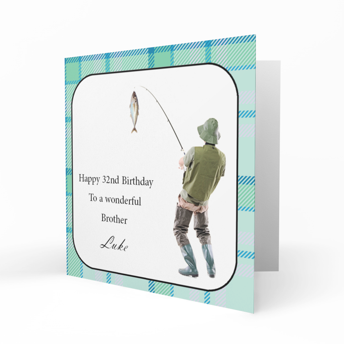 Personalised 32nd Birthday Card - Fisherman with Tartan Border