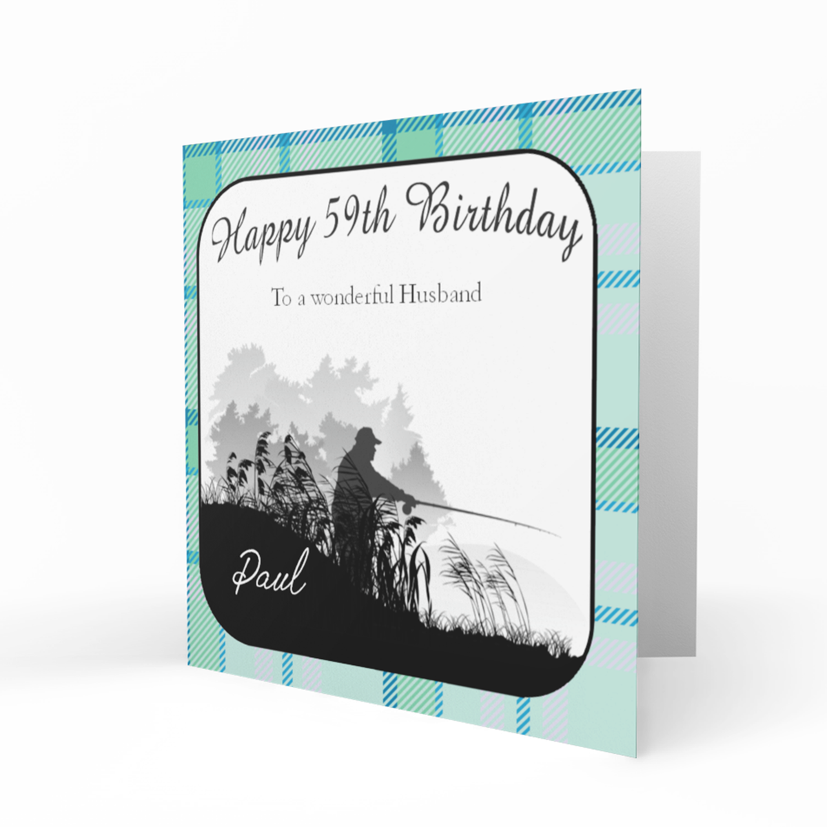Personalised 59th Birthday Card - Fishing Silhouette with Tartan Border