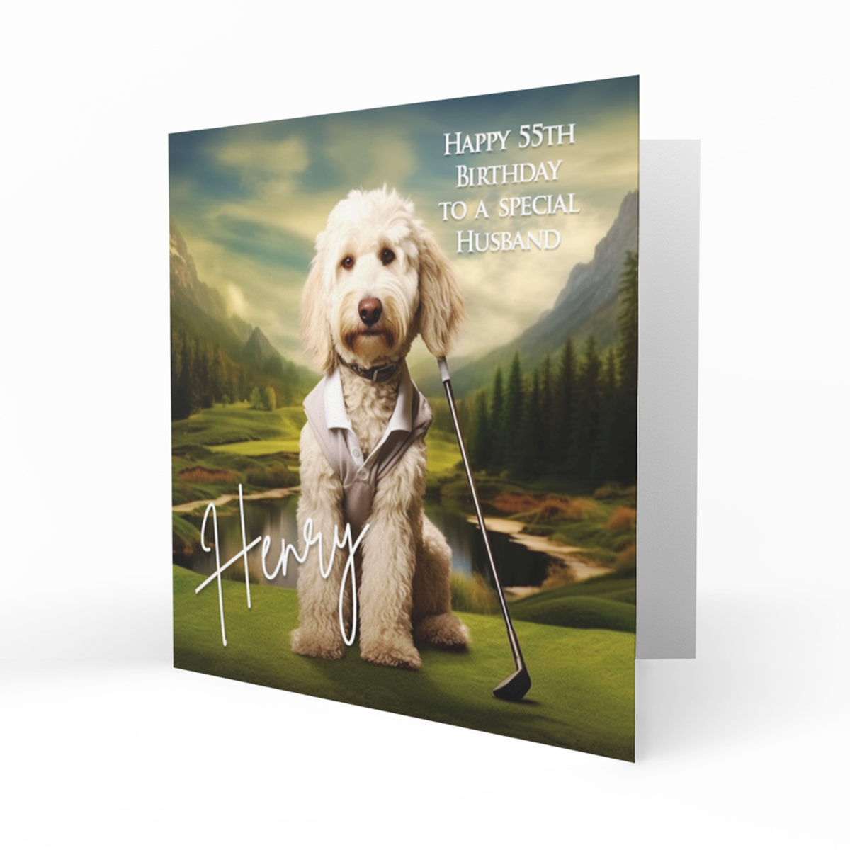 Personalised 55th Birthday Card - Fluffy Dog Playing Golf