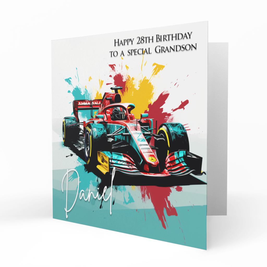 Personalised 28th Birthday Card - Colourful Racing Car