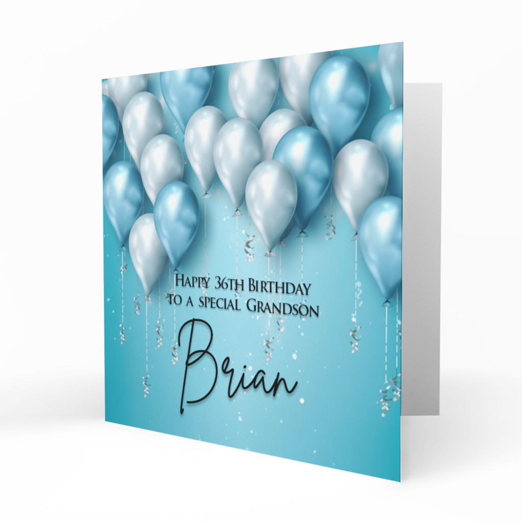 Personalised 36th Birthday Card - Blue and Silver Balloons