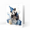 Personalised 4th Birthday Card - Badger with Party Hat and Presents