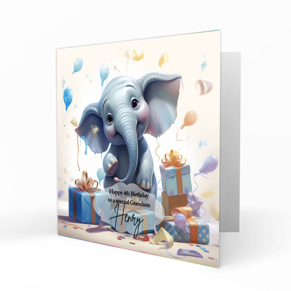 Personalised 4th Birthday Card - Baby Elephant with Presents