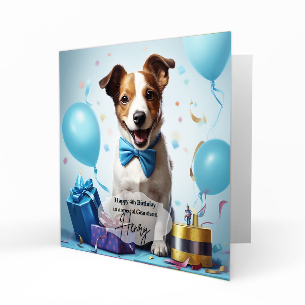 Personalised 4th Birthday Card - Jack Russell with Balloons and Presents