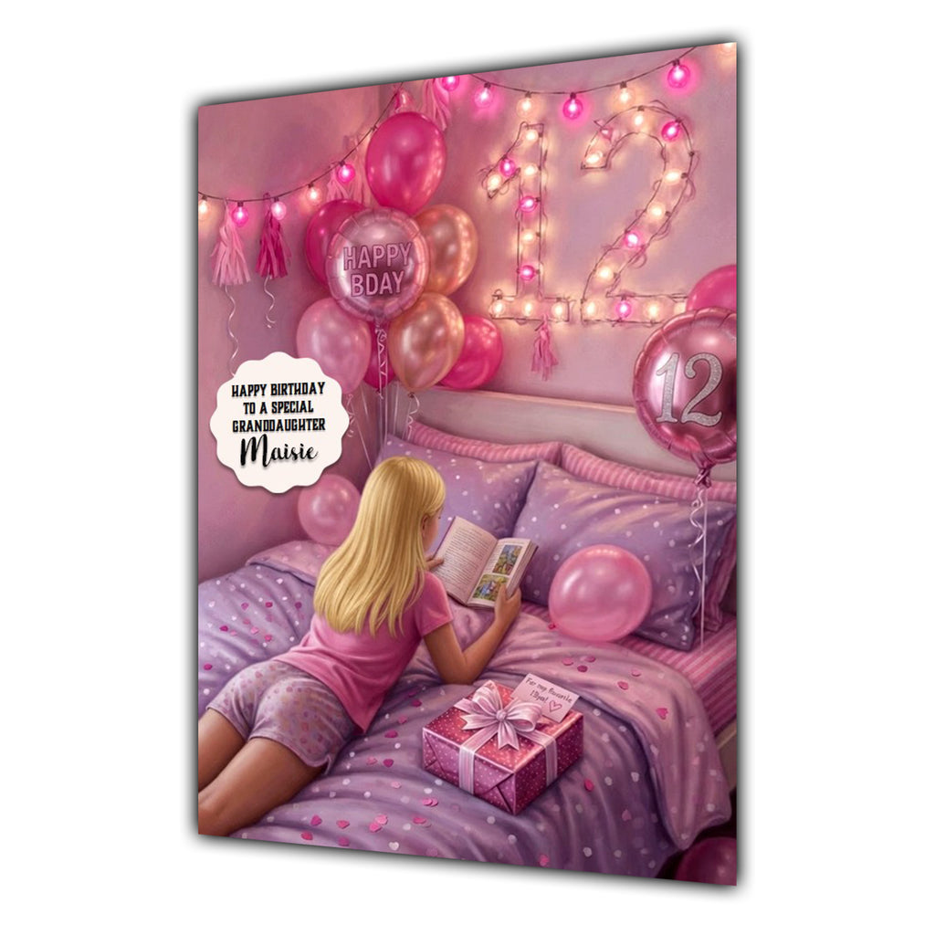 12th Birthday Card Reading Girl, Granddaughter, Daughter,  Large A5 Size