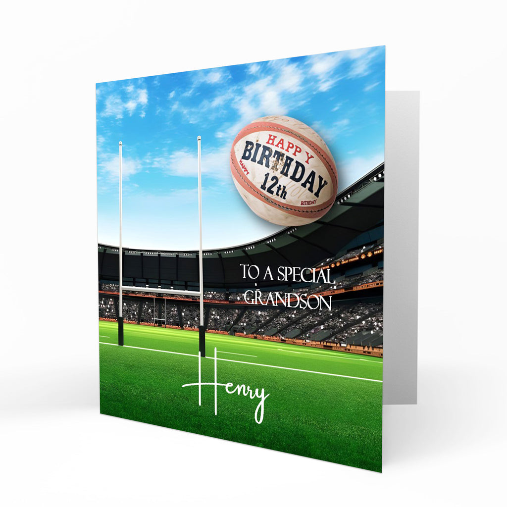 Personalised 12th Birthday Card - Rugby Ball in a Stadium