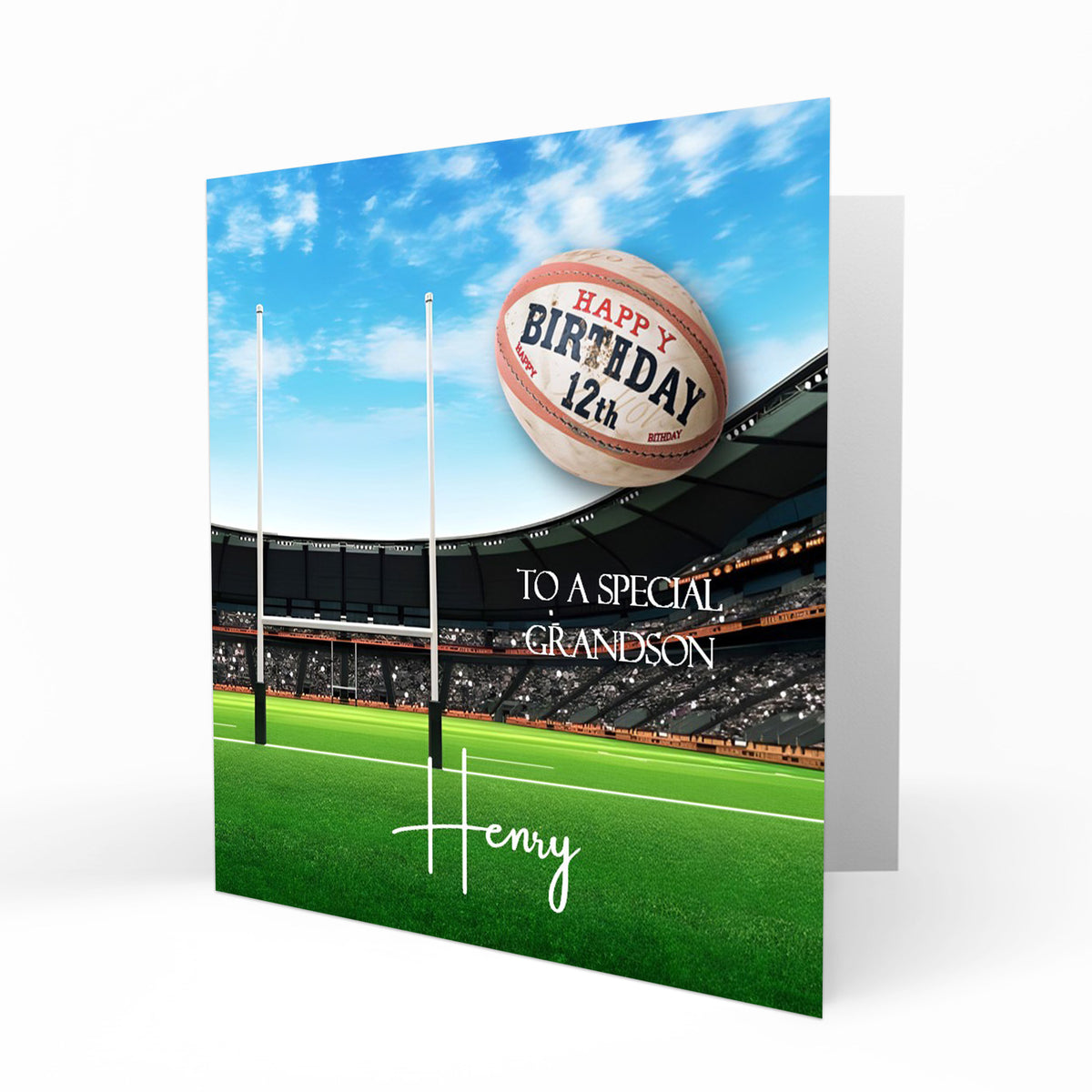 Personalised 12th Birthday Card - Rugby Ball in a Stadium