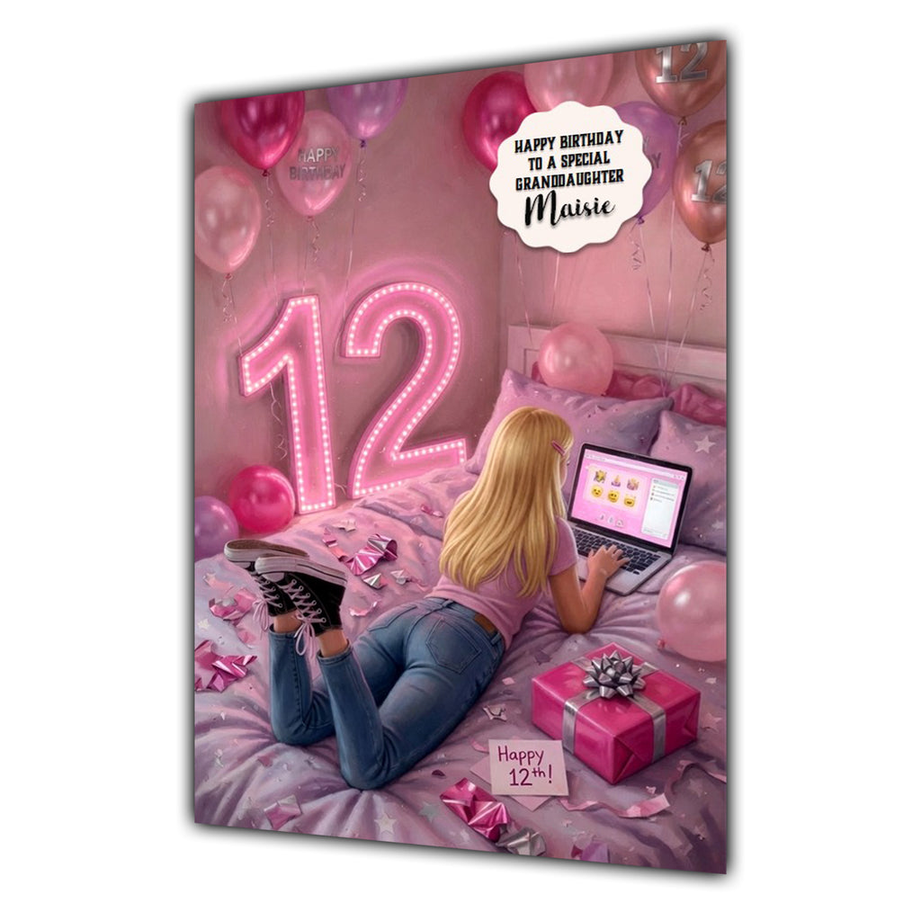 Personalised 12th Birthday Card - Girl Using a Laptop - Blonde Hair