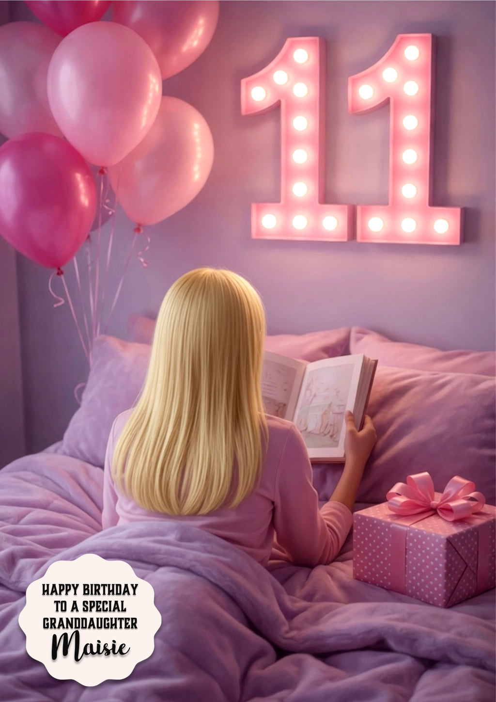Personalised 11th Birthday Card - Girl Reading on a Bed - Blonde Hair