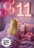 Personalised 11th Birthday Card - Girl Reading on a Bed - Blonde Hair