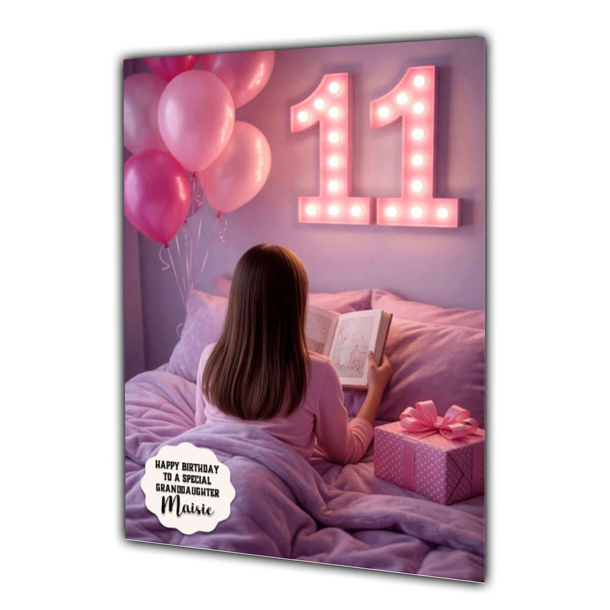 Personalised 11th Birthday Card - Girl Reading on a Bed - Brown Hair