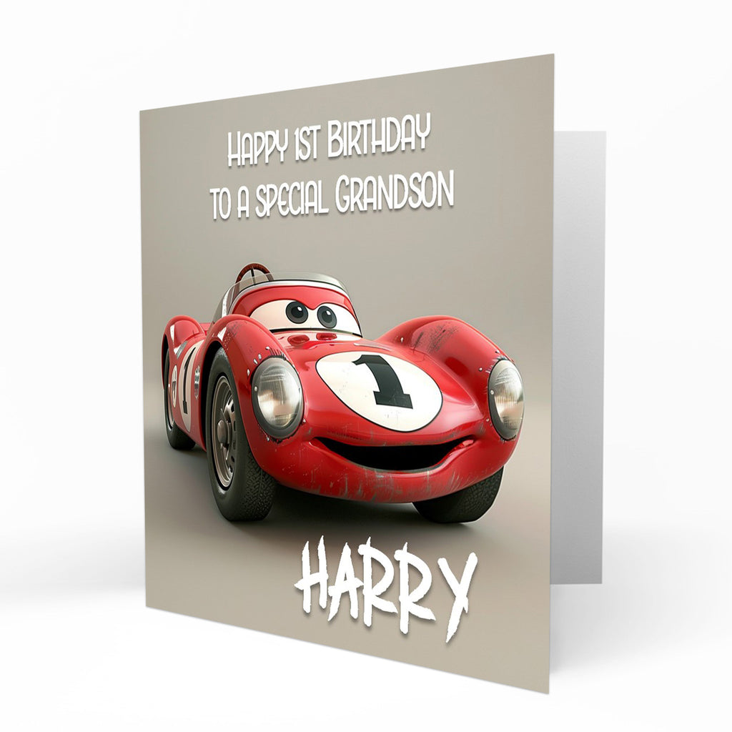Personalised 1st Birthday Card - Cartoon Racing Car