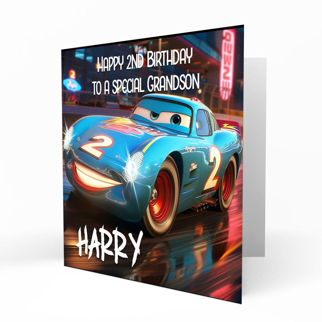 Personalised 2nd Birthday Card - Cartoon Racing Car