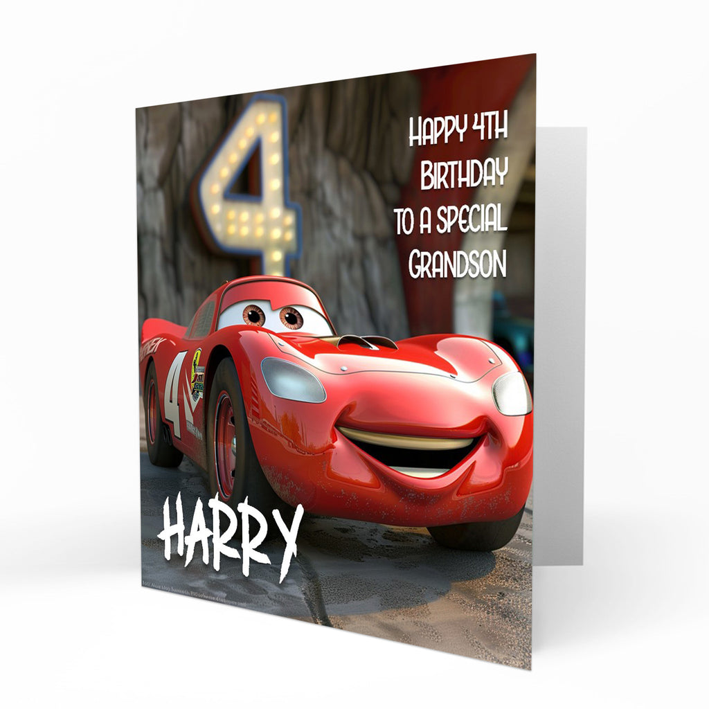 Personalised 4th Birthday Card - Cartoon Racing Car