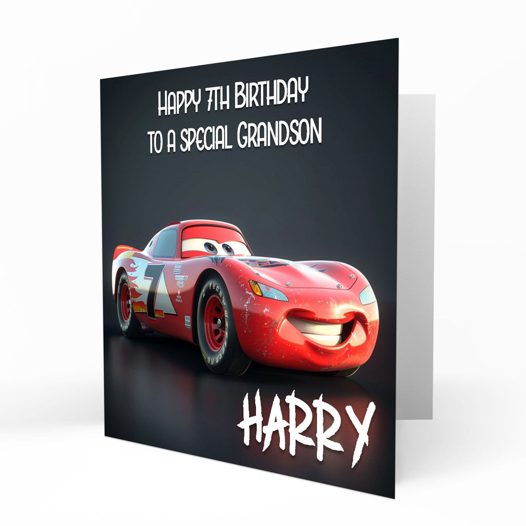 Personalised 7th Birthday Card - Cartoon Racing Car