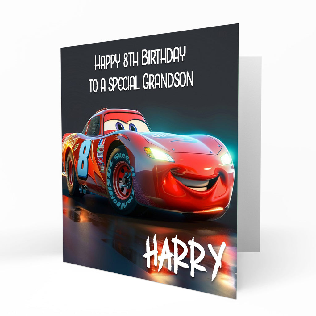 Personalised 8th Birthday Card - Red Cartoon Racing Car
