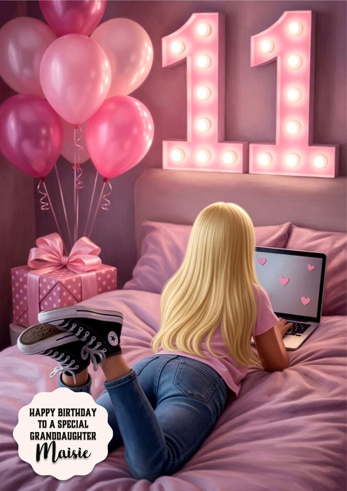 11th Birthday Card Laptop Girl, Granddaughter, Daughter,  Large A5 Size
