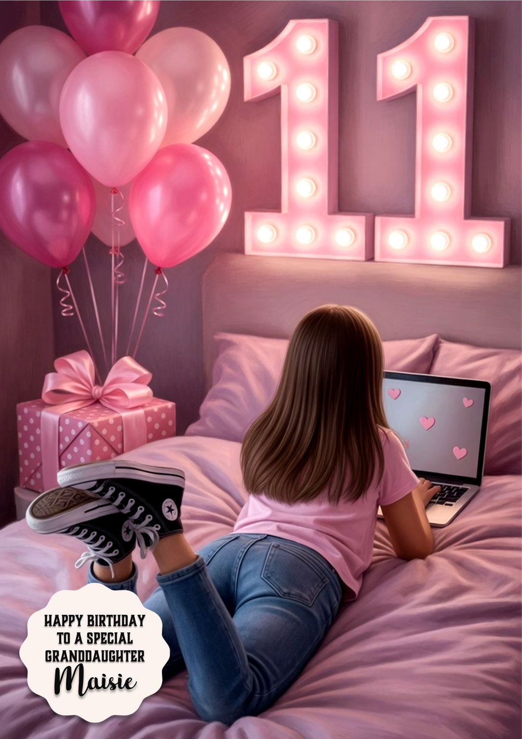 11th Birthday Card Laptop Girl, Granddaughter, Daughter,  Large A5 Size