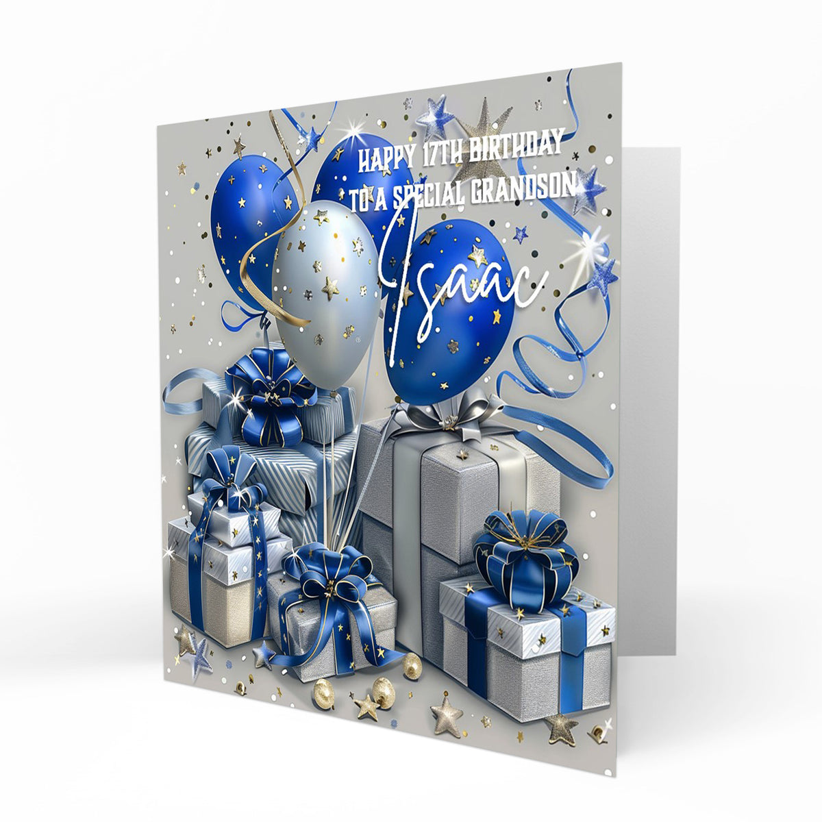 Personalised 12th Birthday Card - Blue and Silver Balloons and Presents
