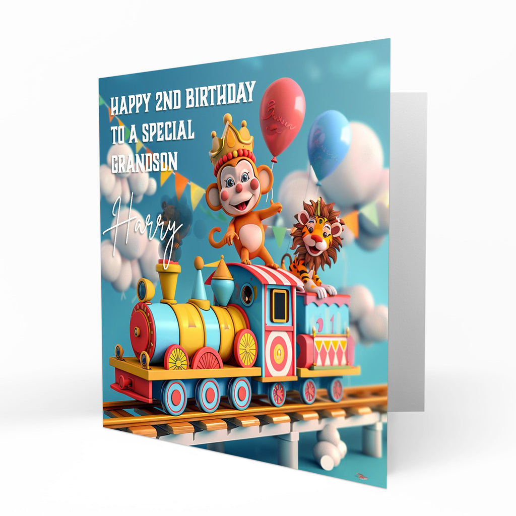 Personalised 1st 2nd 3rd Birthday Card For Little Boys, Son, Grandson, Nephew, Friend, Brother, Circus Train, Cheeky Monkey