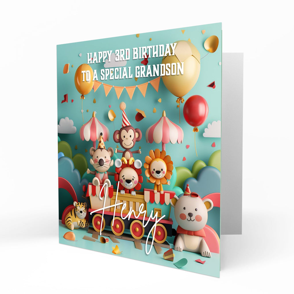 Personalised 1st 2nd 3rd Birthday Card For Little Boys, Son, Grandson, Nephew, Friend, Brother, Circus Train, Cheeky Monkey