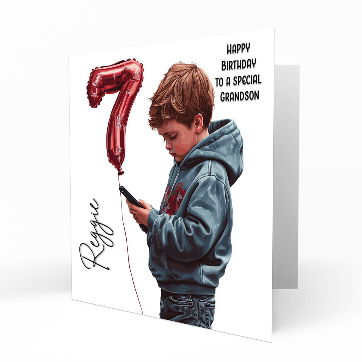 Personalised 7th Birthday Card - Boy Using a Phone with Number Balloon