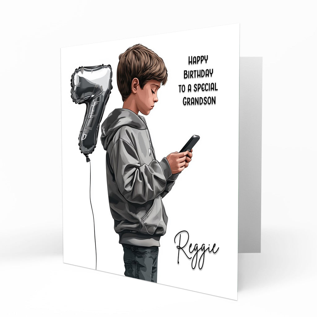 Personalised 7th Birthday Card - Boy Using a Phone with Number Balloon