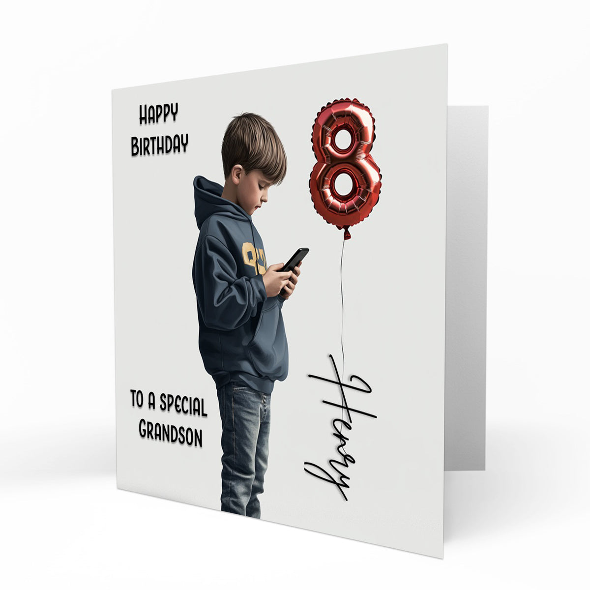 Personalised 8th Birthday Card - Boy Using a Phone with Number Balloon